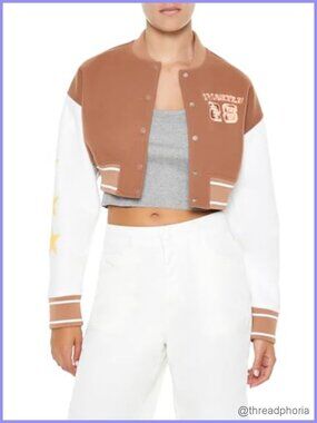 Cropped Varsity Letterman Jacket Aviator Bomber with Chenille Patches